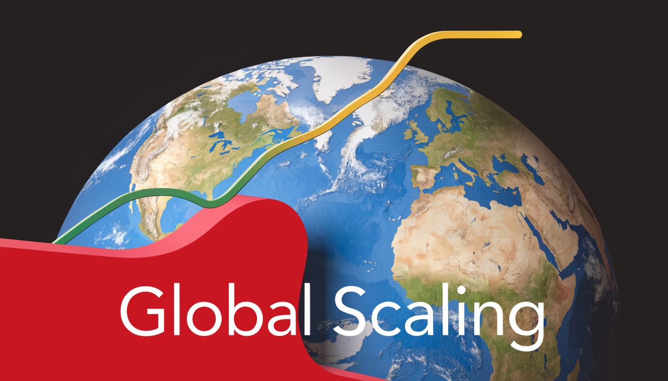 A 3D visualization of a globe featuring a rising upward arrow line graph representing global business scaling.