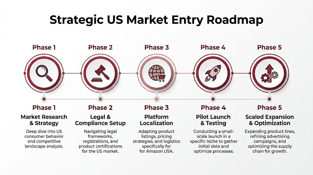 A strategic roadmap infographic illustrating five phases for entering the Amazon USA market successfully.