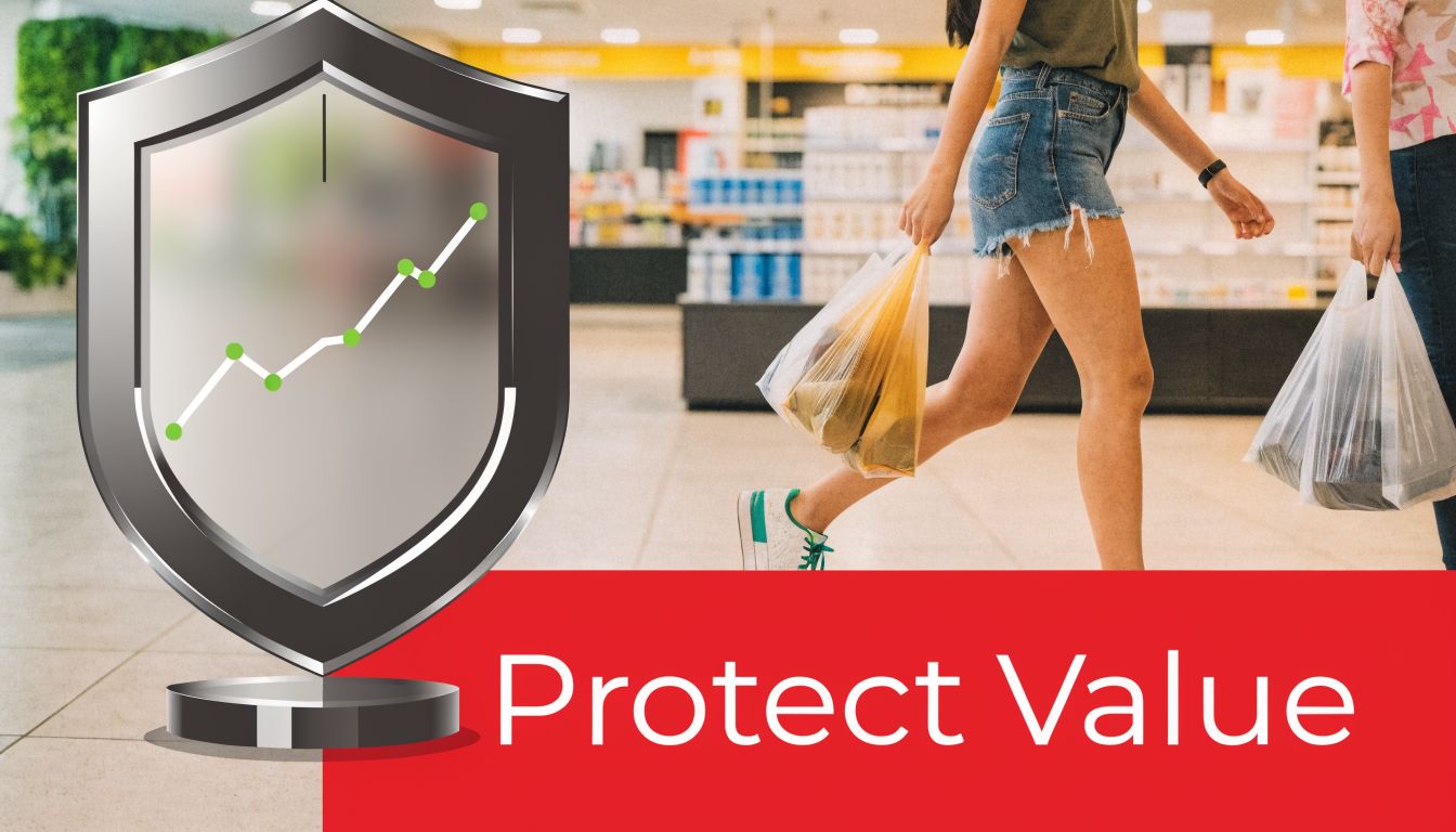 A metallic shield icon featuring a rising green line graph over a blurred image of shoppers.