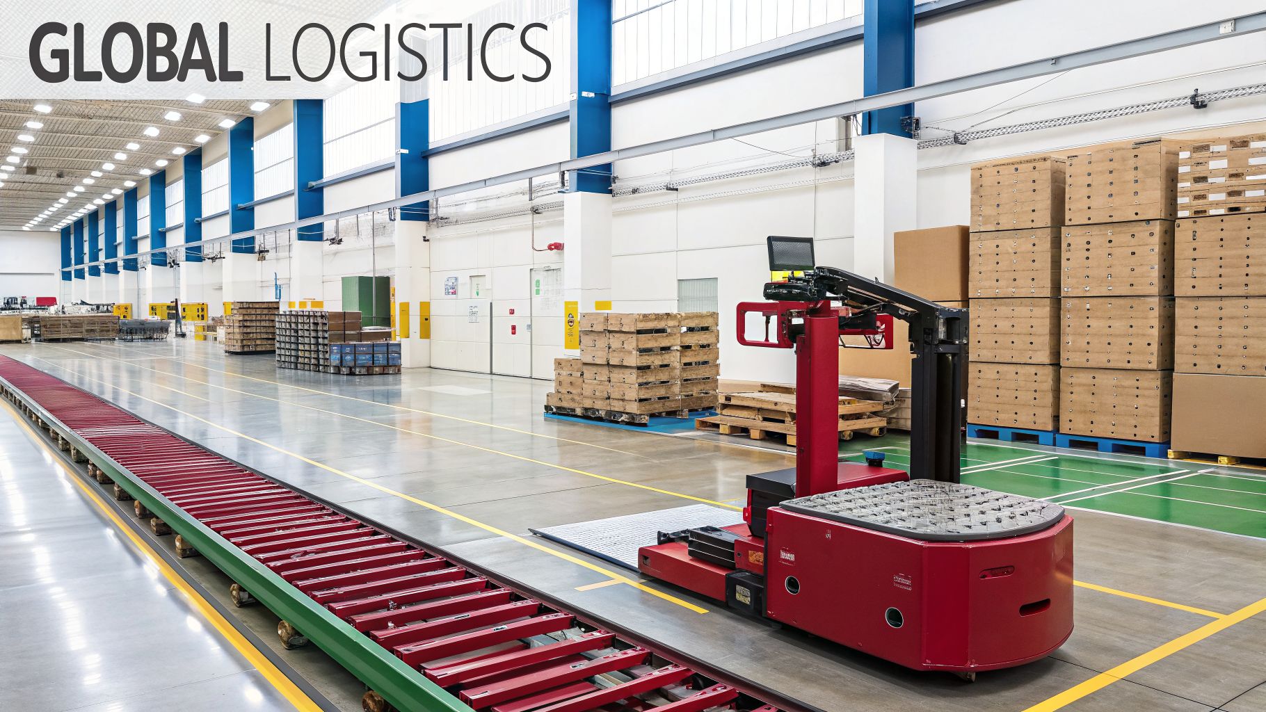 A modern logistics warehouse featuring a red AGV, conveyor belt, and neatly stacked boxes on pallets.
