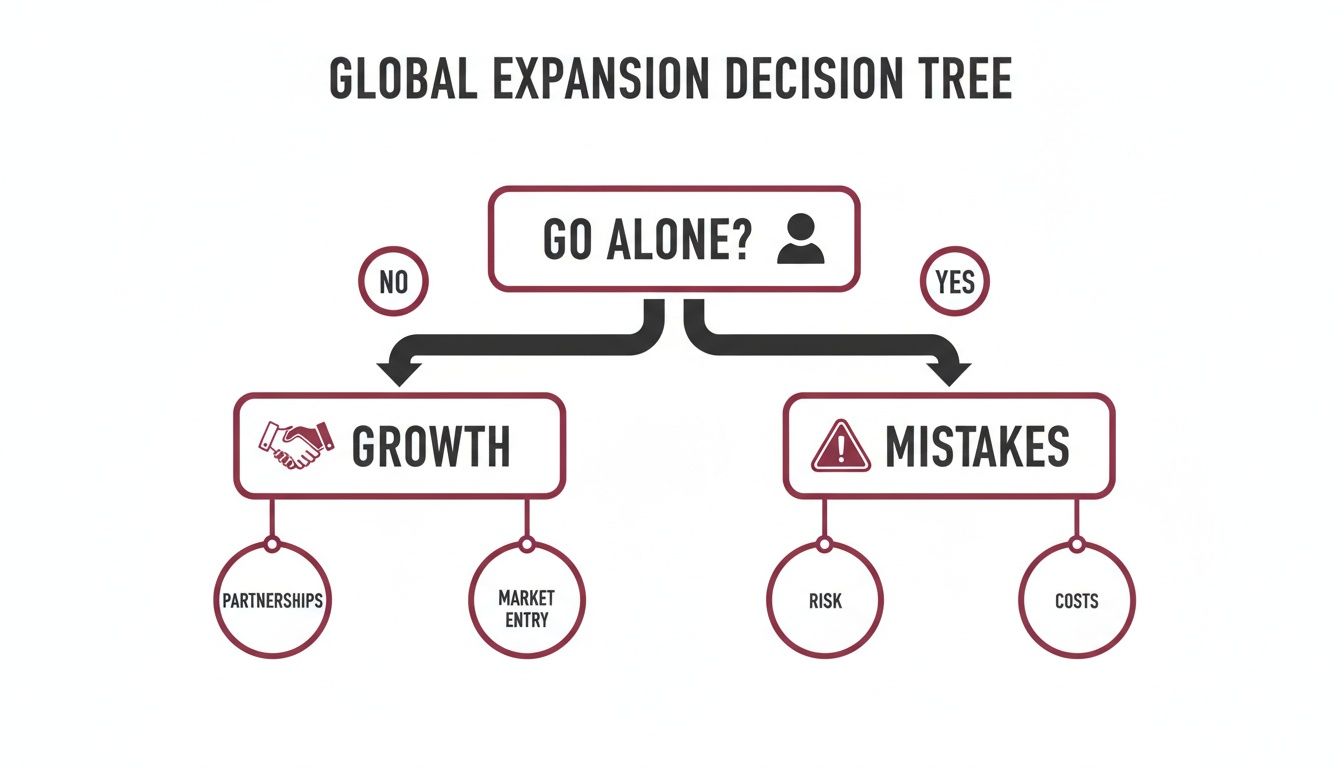 Global expansion decision tree illustrating paths for growth through partnerships or risks when going alone.
