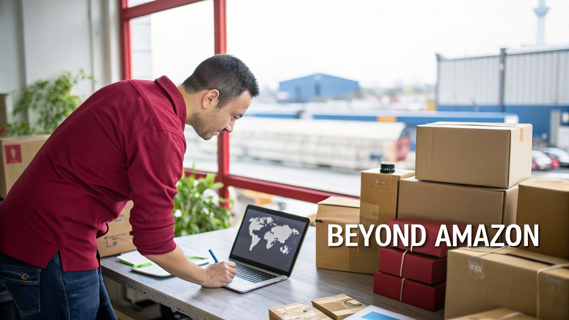Young entrepreneur preparing packages for international shipping, using a laptop with a global map.
