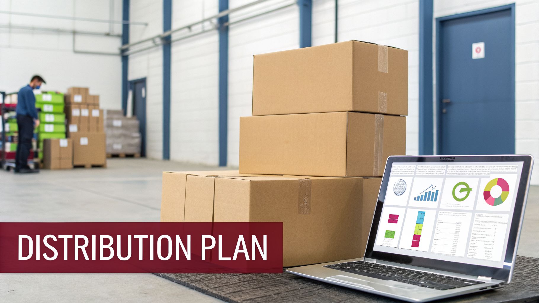 Warehouse scene with stacked cardboard boxes, a worker, and a laptop showing a distribution plan.