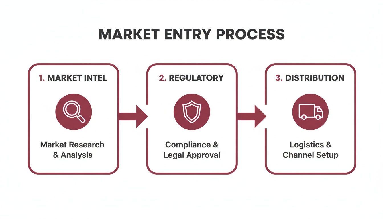 Flowchart outlining the market entry process with stages for market intel, regulatory, and distribution.