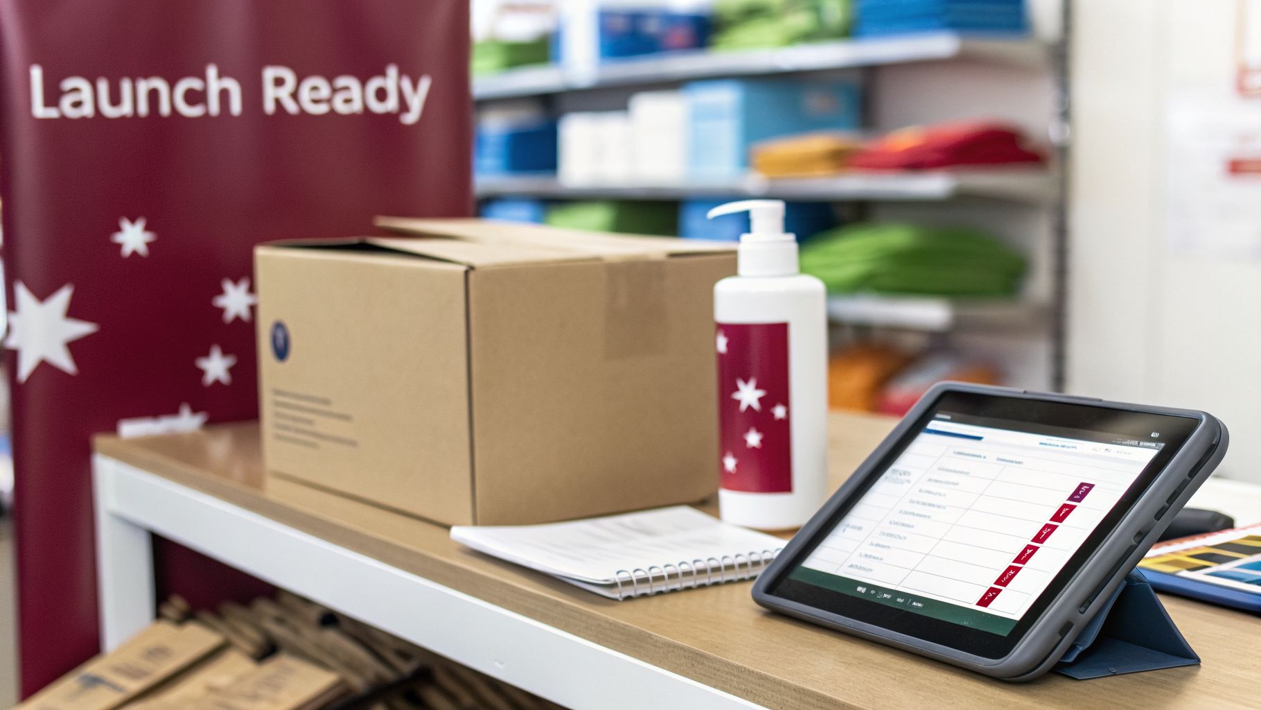 A brown cardboard box, a lotion bottle, a notebook, and a tablet on a wooden table, next to a 'Launch Ready' banner.