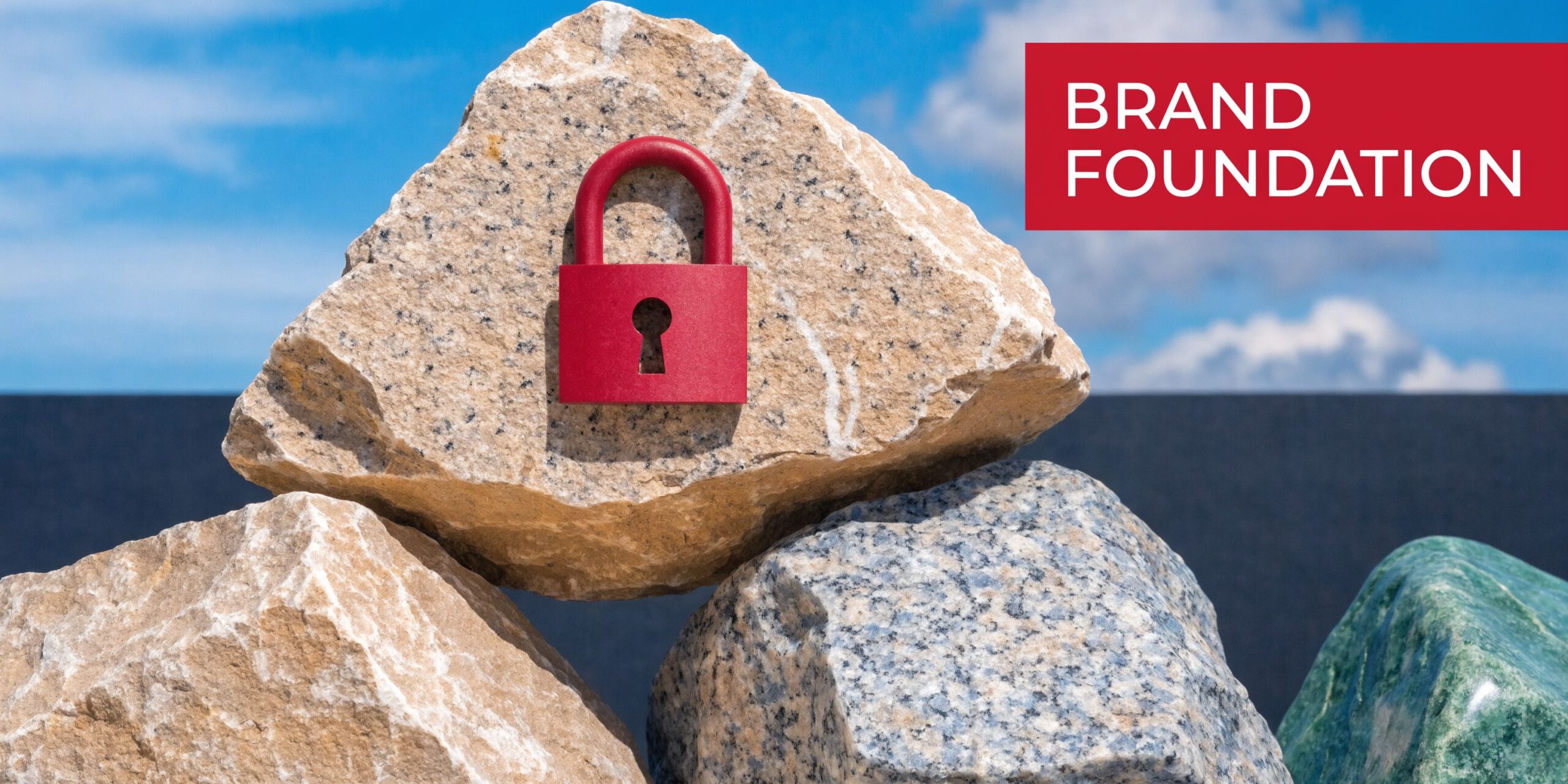 A red padlock sits on a stone structure representing the security of a strong brand foundation.