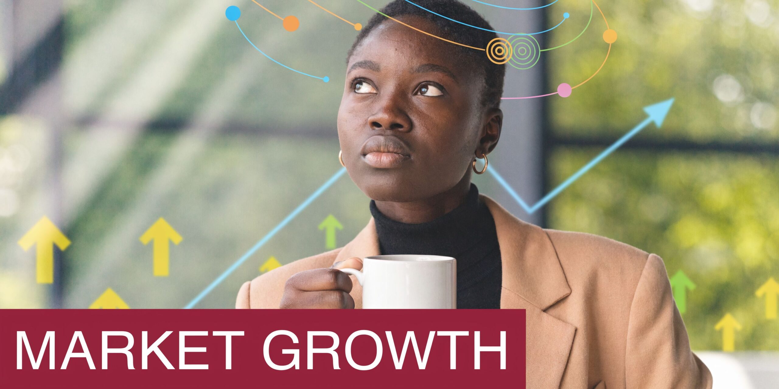 A professional woman holding a coffee cup while looking up at digital graphics showing market growth.