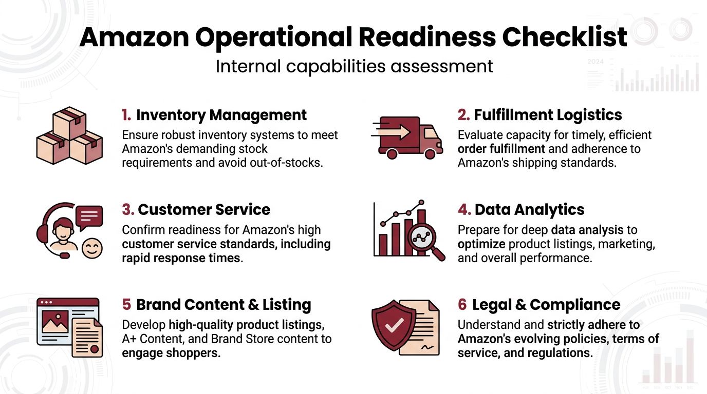 A six-point checklist detailing the essential internal operational capabilities for businesses selling products on Amazon.