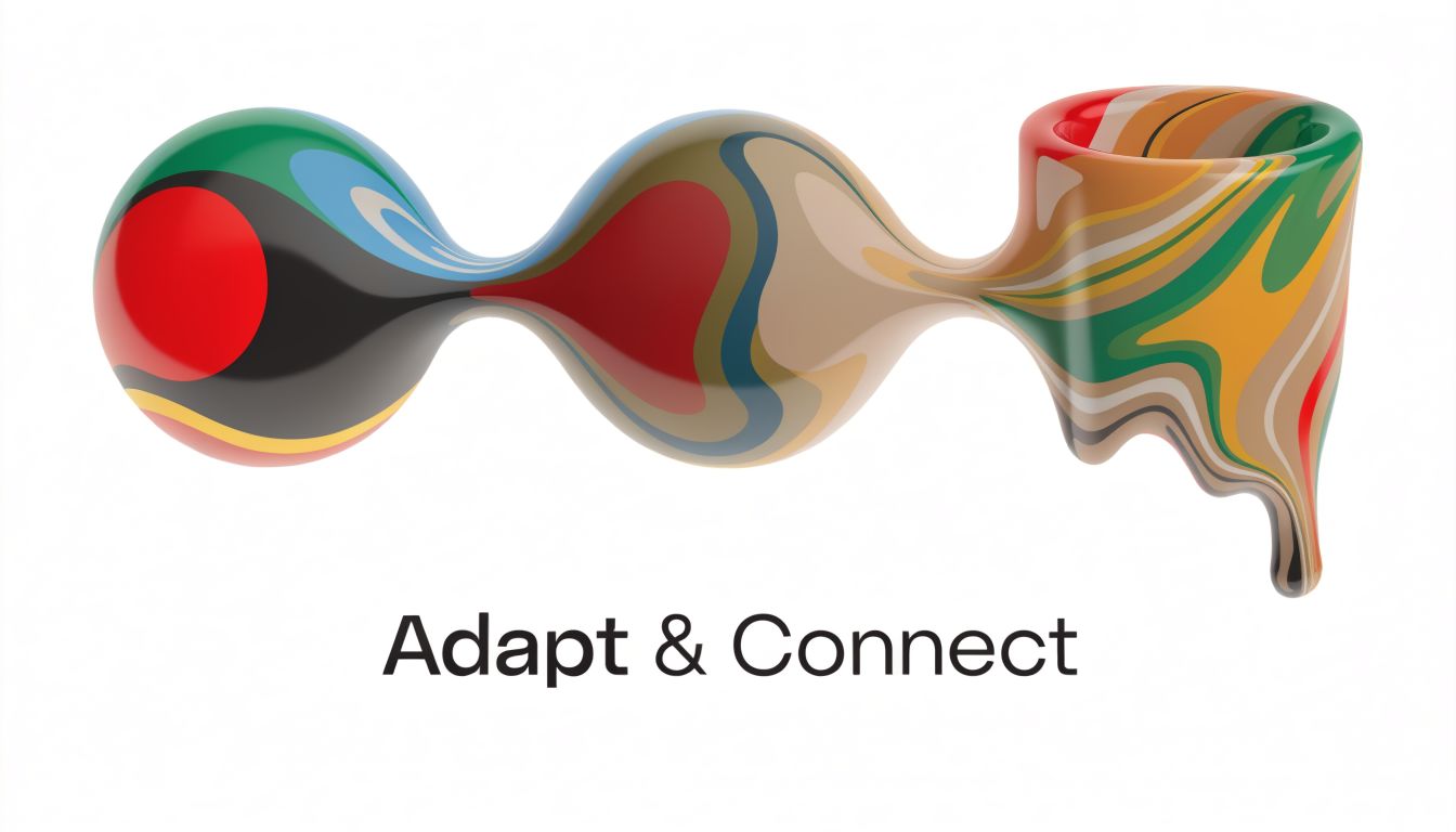 A 3D abstract artistic representation of merging colorful shapes with the text Adapt and Connect below it.