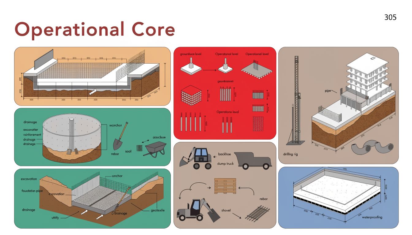 An infographic illustrating various construction site core operations including excavation, foundation, and structural building techniques.
