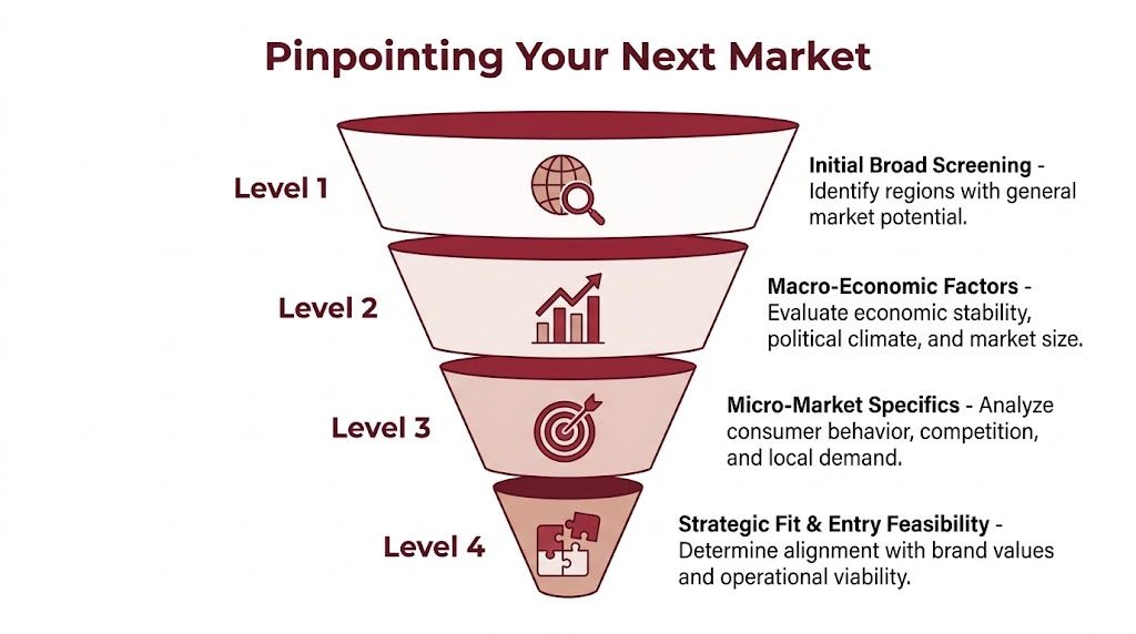 A four-level business funnel diagram illustrating a strategic process for identifying and selecting new market opportunities.