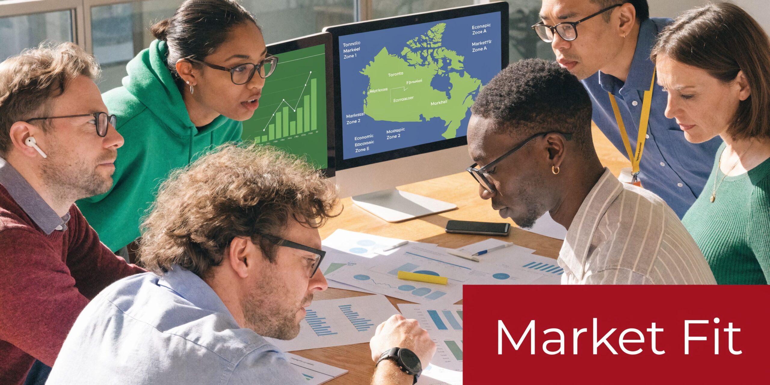 A diverse group of professionals collaborating around a desk with data charts and maps on monitors.