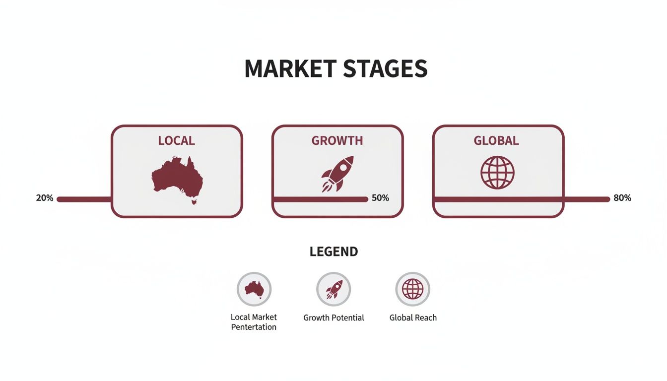 Infographic showing market stages: Local (20% with Australia map), Growth (50% with rocket), and Global (80% with globe).