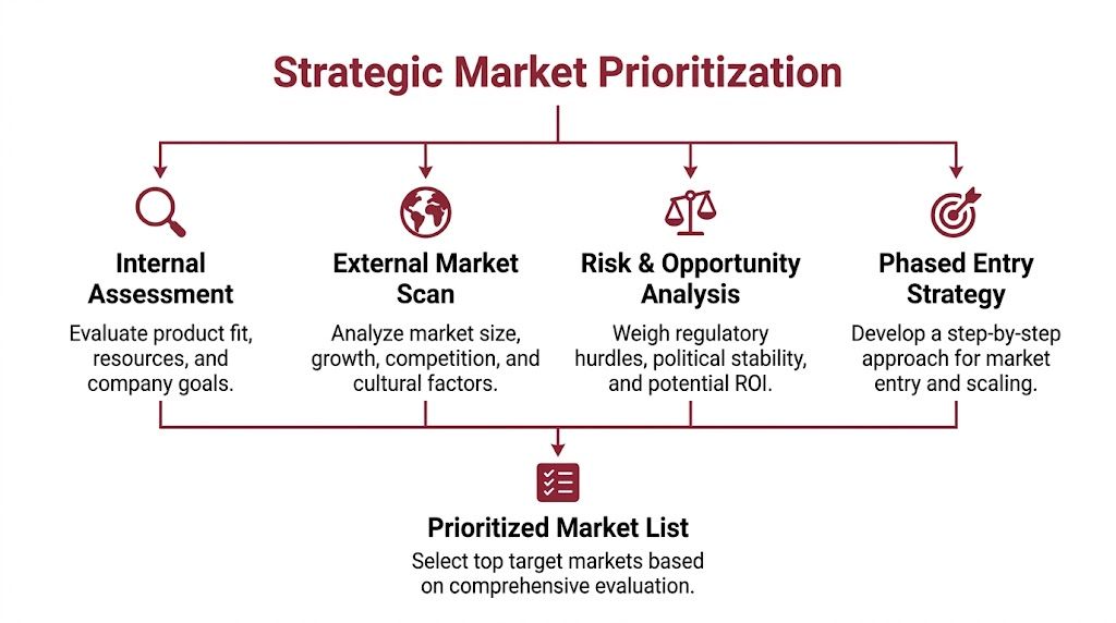 A flowchart diagram illustrating the four key steps of a strategic market prioritization process for business expansion.