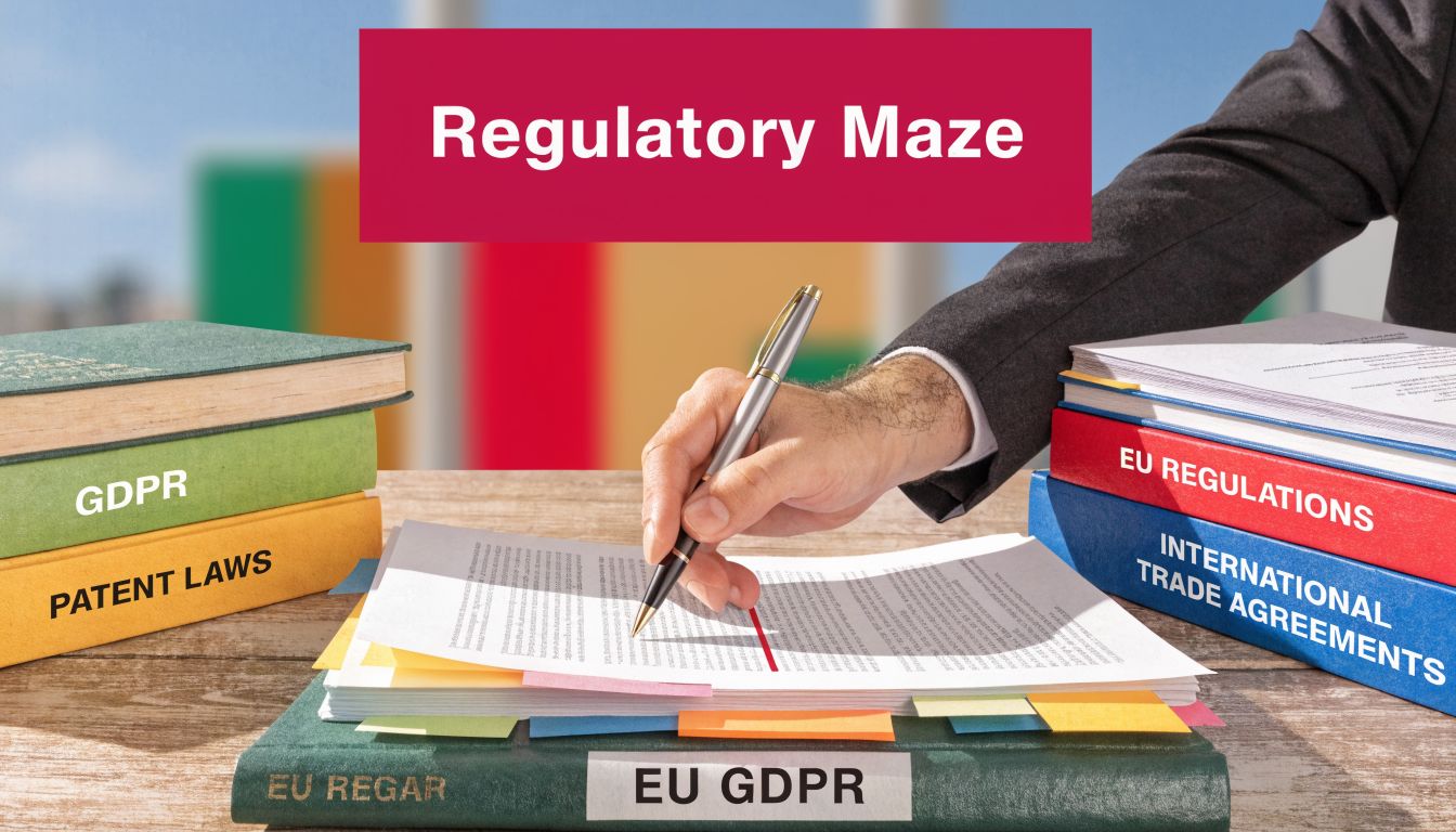 A businessman's hand writing on legal documents surrounded by books labeled GDPR and international trade agreements.