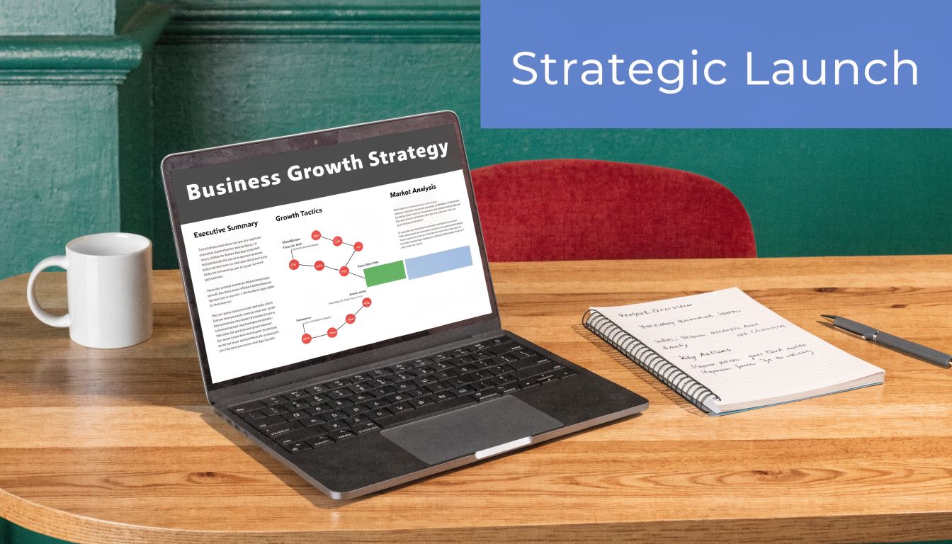 A laptop showing business growth strategy charts on a wooden desk with a notebook and coffee mug.