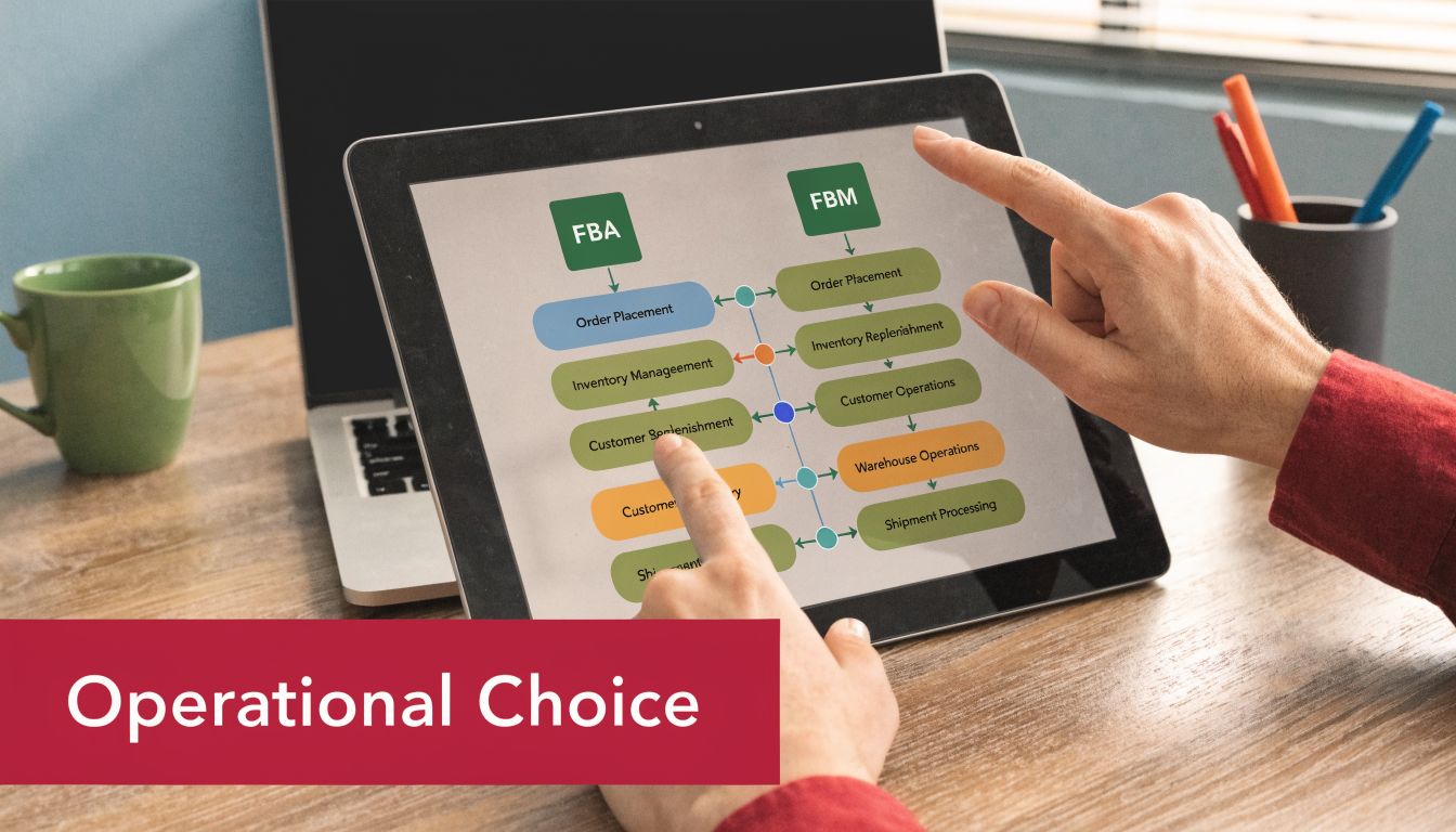 A person using a tablet to review a flowchart comparing FBA and FBM operational business models.