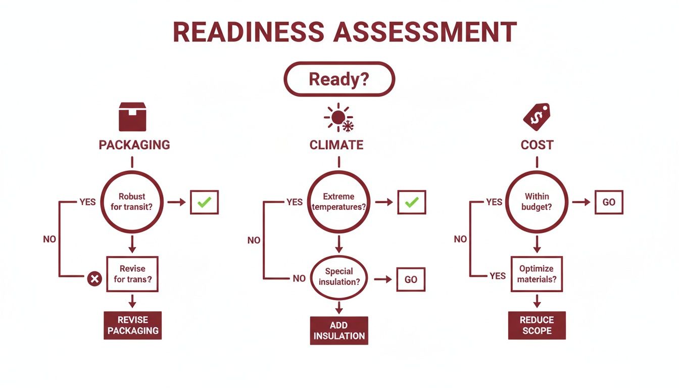 Flowchart for readiness assessment covering packaging, climate, and cost decisions for project or shipment.