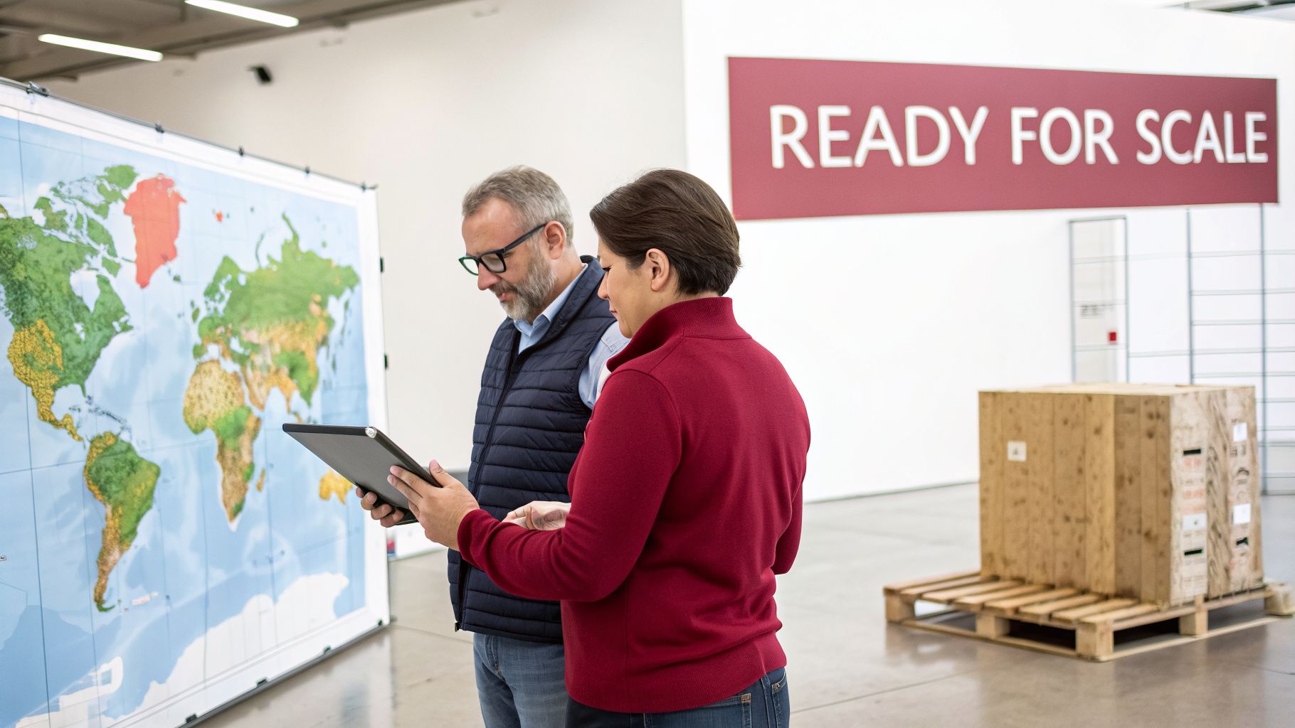 Two professionals reviewing data on a tablet in front of a world map and a "READY FOR SCALE" sign.