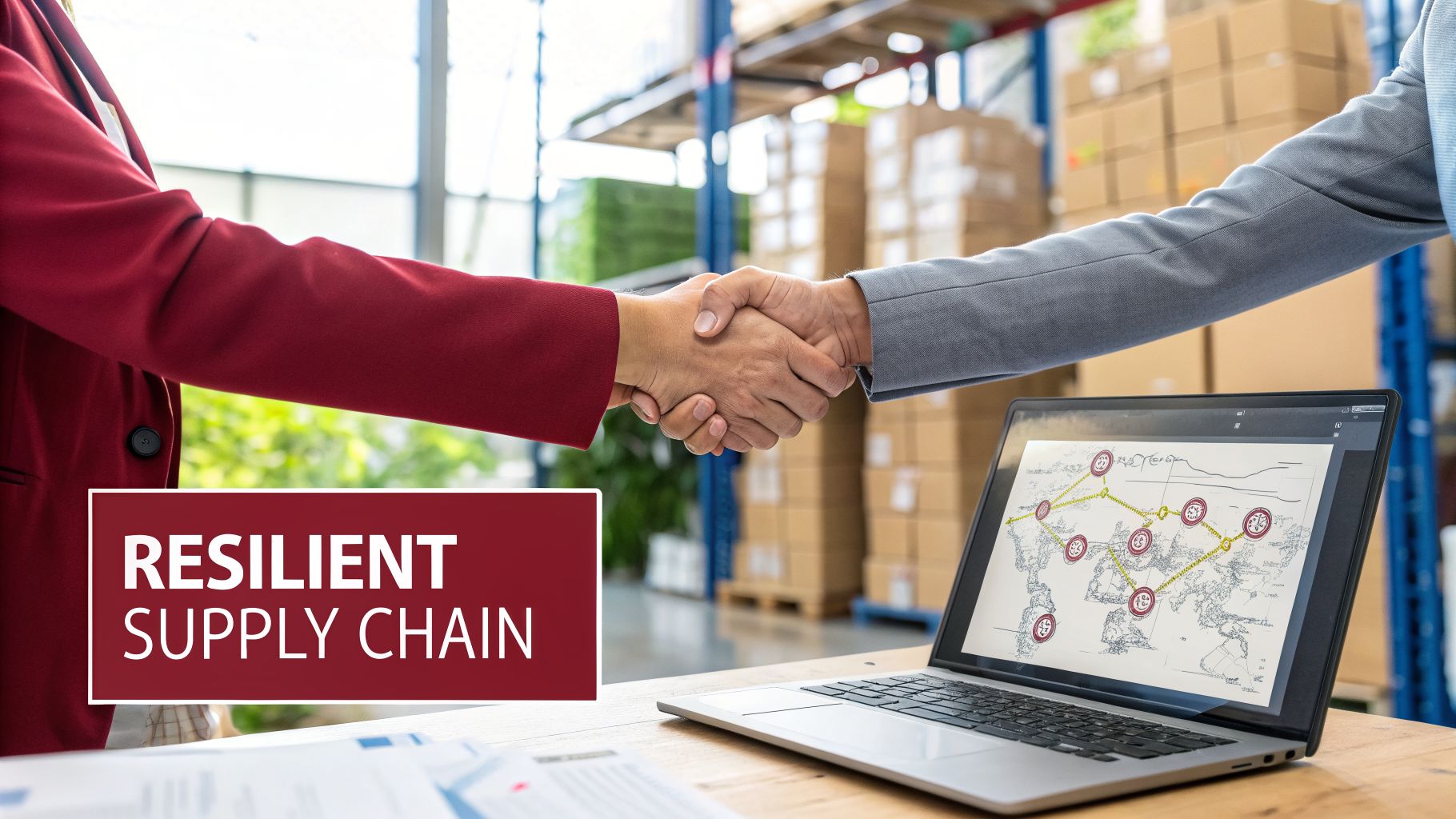 Two people shaking hands in a warehouse, with a laptop showing a global supply chain map.