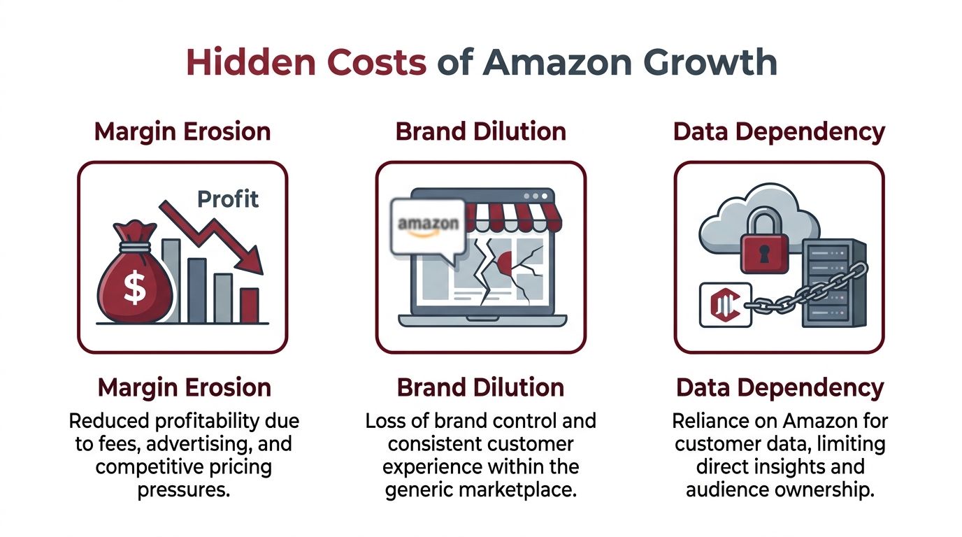 A graphic illustration detailing the three hidden costs of Amazon growth: margin erosion, brand dilution, and data dependency.