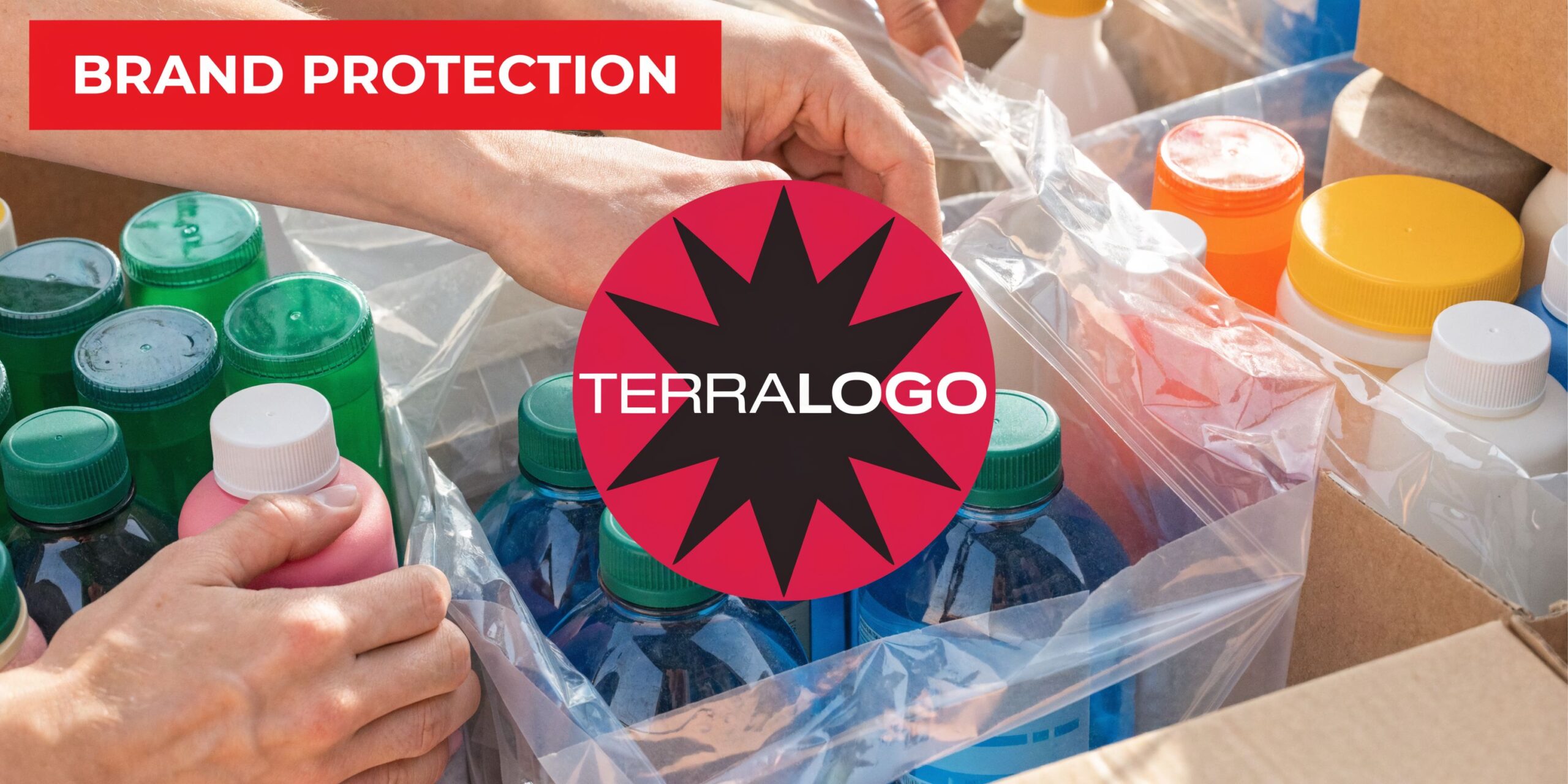 A person organizing various bottles in a cardboard box, featuring the Terralogo brand protection logo.