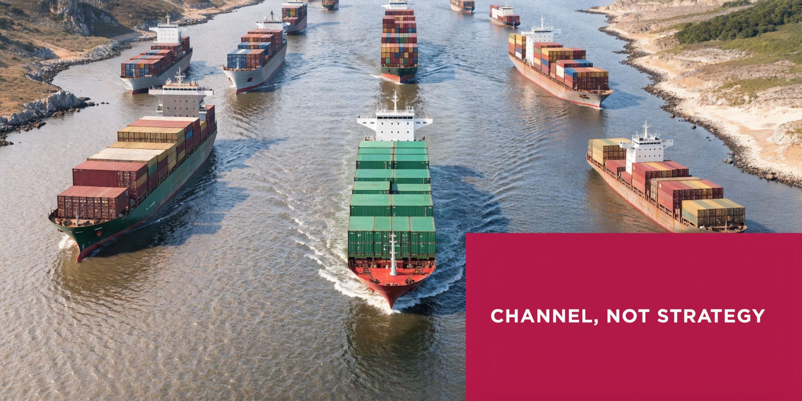 An aerial view of several large cargo ships navigating through a narrow water channel toward the sea.
