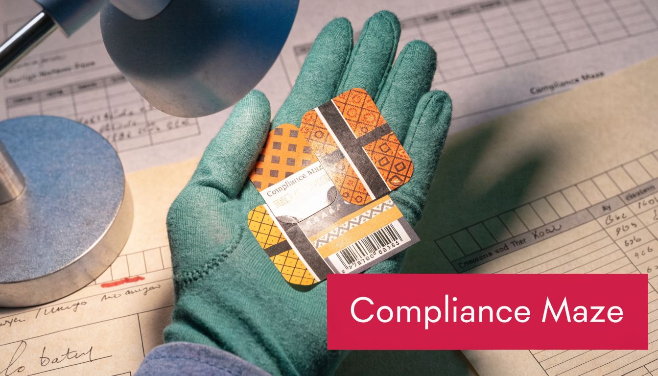 A hand wearing a teal glove holding patterned cards over paperwork on a desk under a lamp.