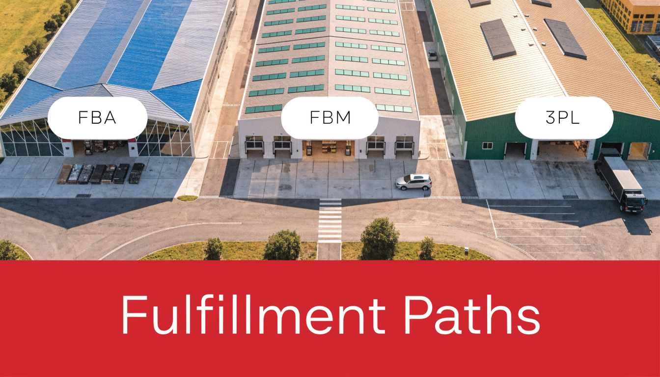 An aerial view of three industrial warehouse buildings with labels indicating different fulfillment paths: FBA, FBM, and 3PL.