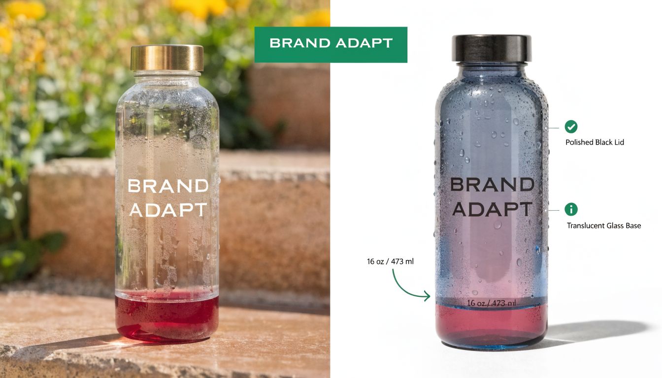 A side-by-side comparison of a glass water bottle featuring a brand logo, showcasing different lid styles.