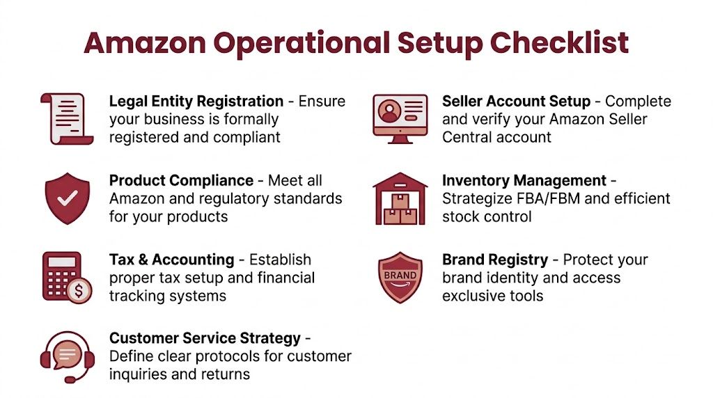 A checklist infographic outlining key operational steps for setting up a business to sell on Amazon.
