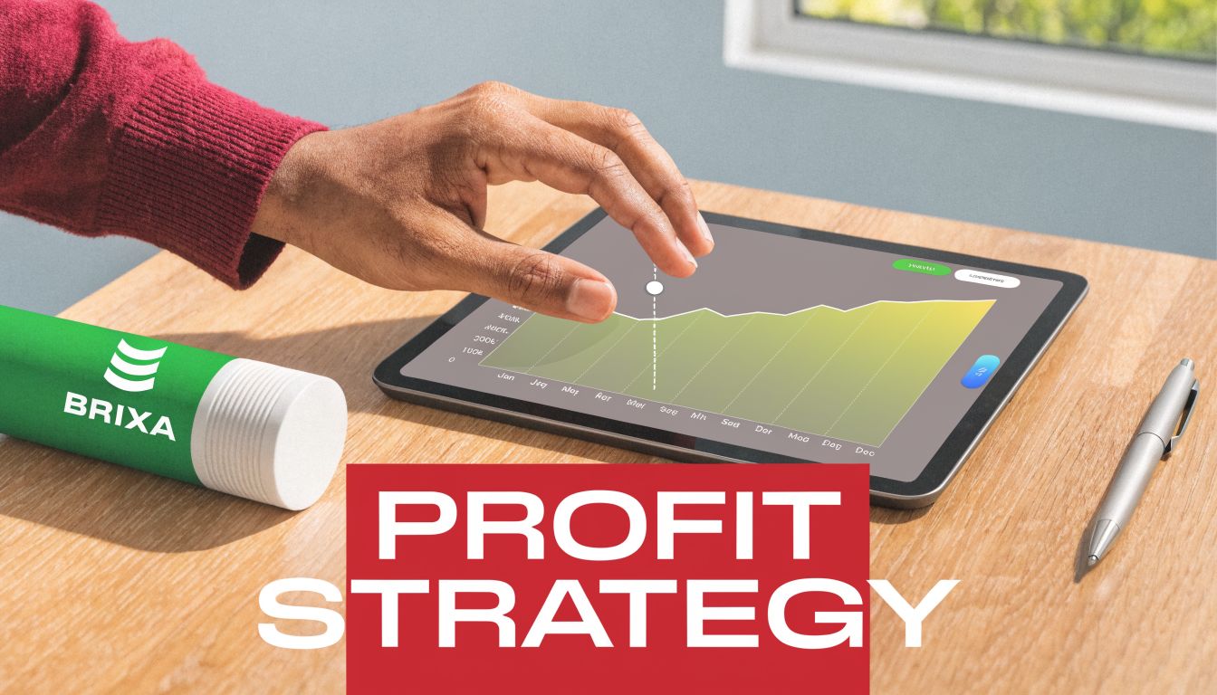 A person analyzing profit growth data on a digital tablet next to a Brixa brand container.