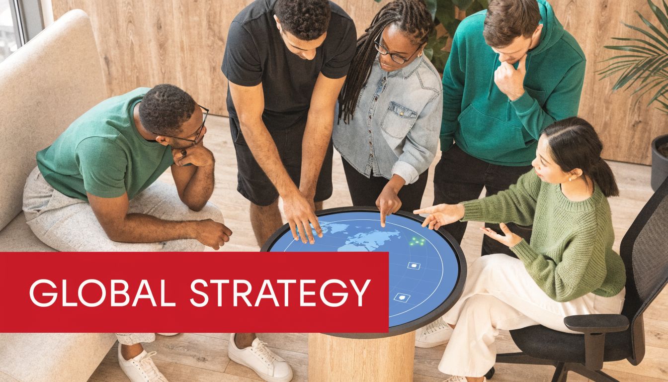 A diverse group of professionals looking at a digital world map projected on a circular table.