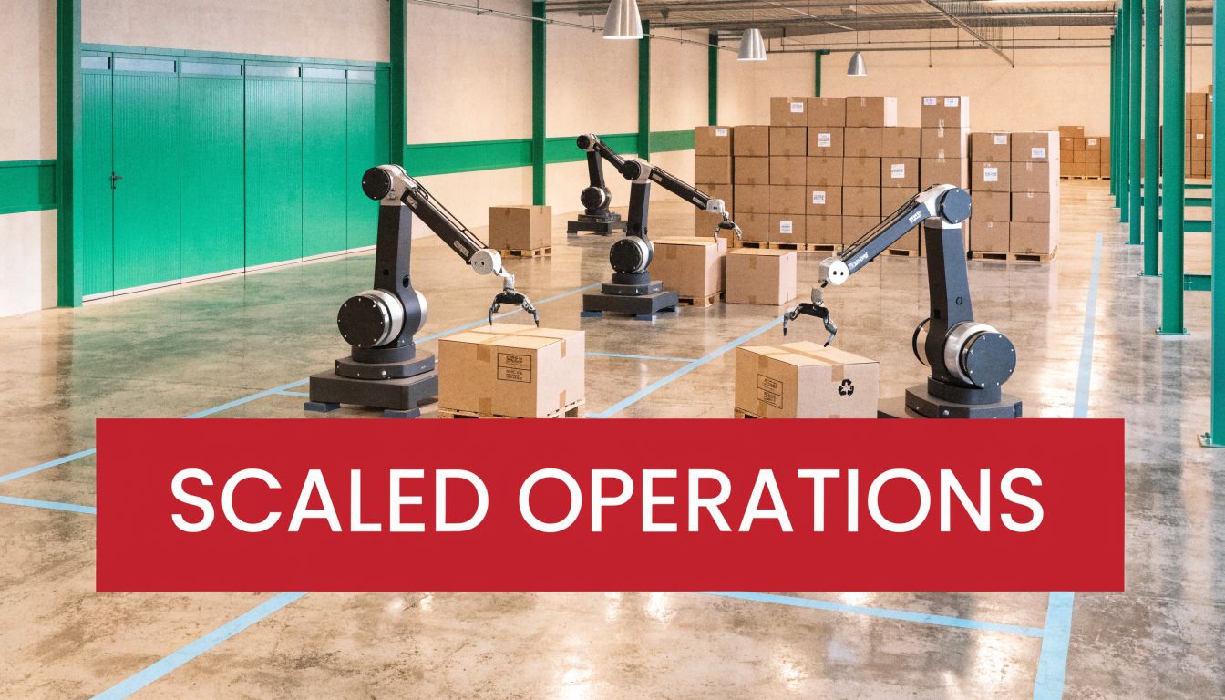 Three robotic arms working in a warehouse on cardboard boxes next to a large stack of pallets.