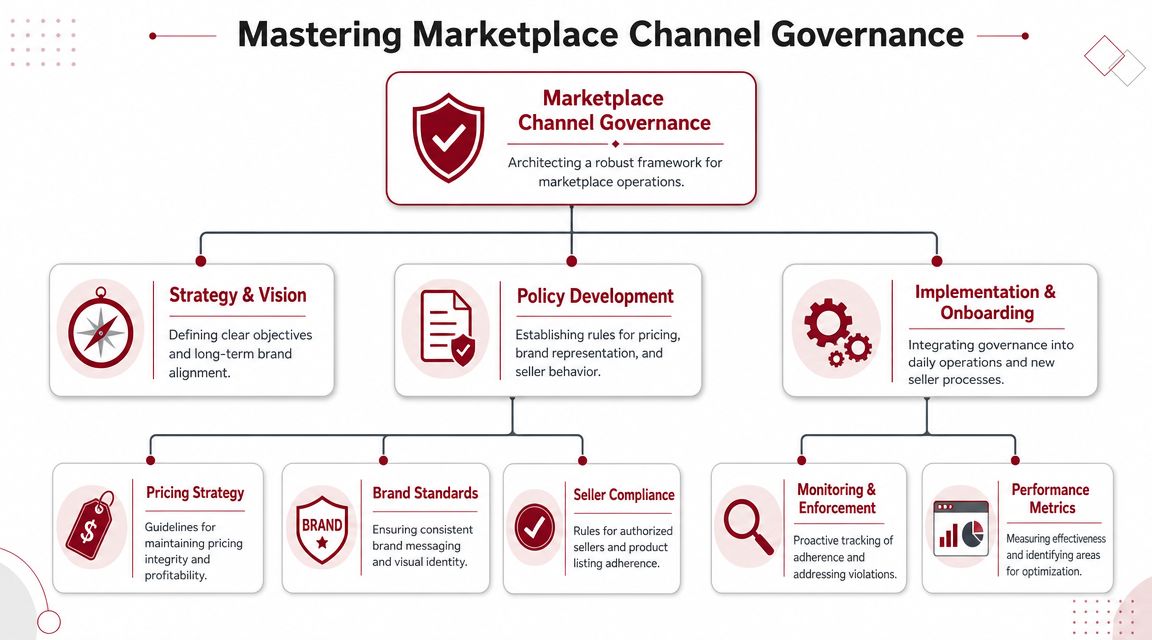 A diagram illustrating a marketplace channel governance framework consisting of strategy, policy, implementation, and performance monitoring.