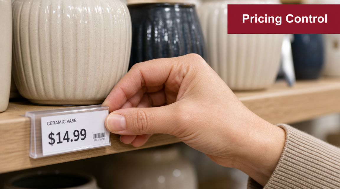 A hand adjusts a $14.99 price tag on a shelf displaying decorative ceramic vases in a store.