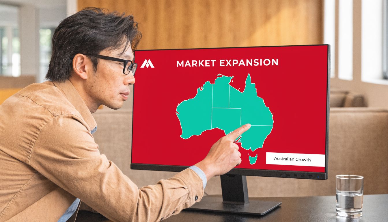 A professional man pointing at a computer screen displaying an Australian market expansion map.