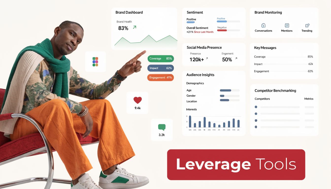 A man in stylish clothing points at a digital dashboard displaying various brand marketing analytics and metrics.