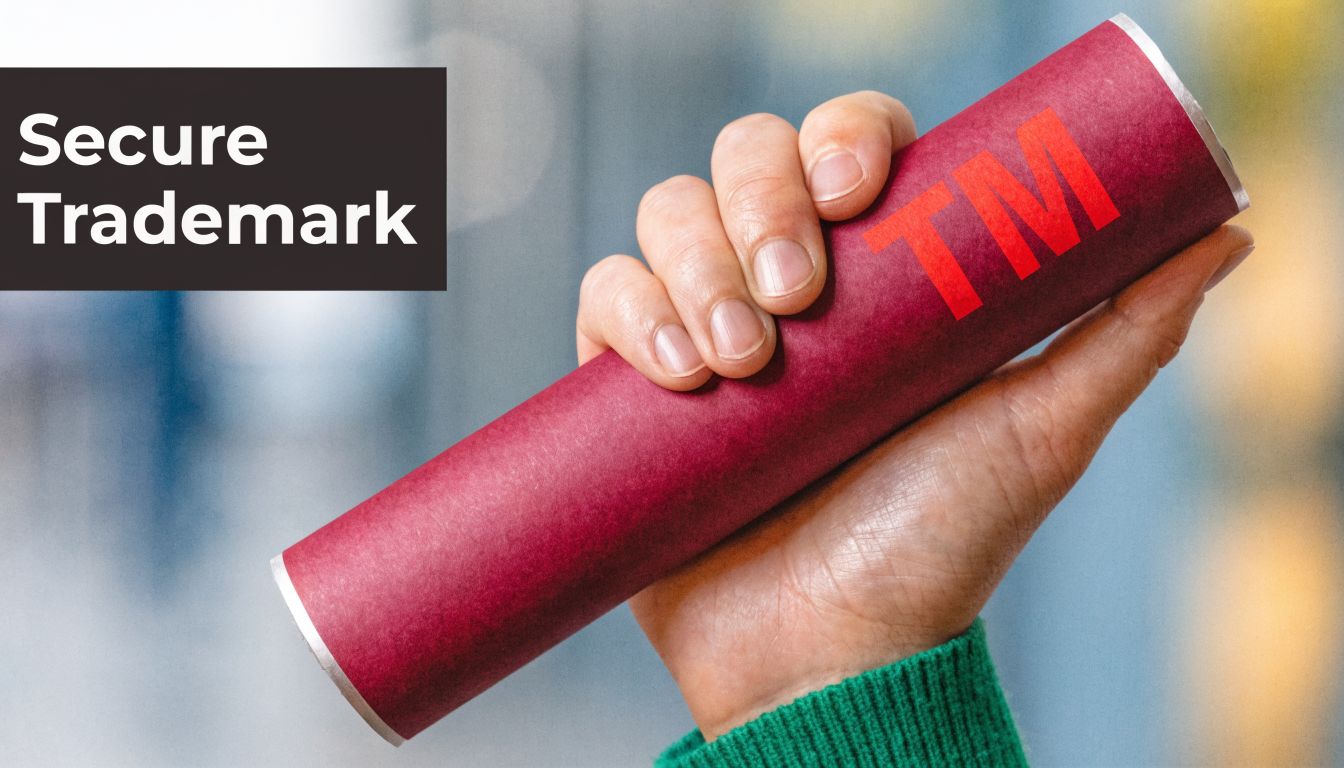 A person holding a red document tube labeled with TM to represent legal trademark protection services.