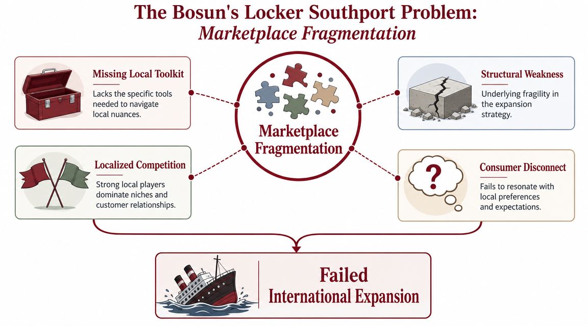 A diagram illustrating the challenges of marketplace fragmentation leading to failed international expansion in business strategy.