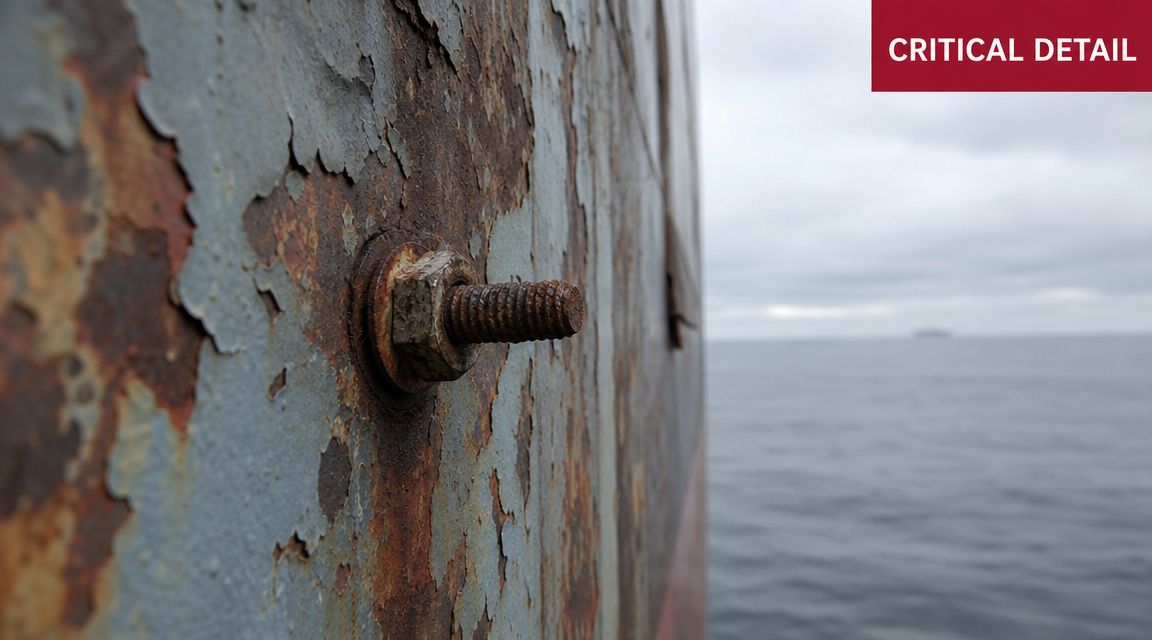 A close-up view of a rusty bolt and nut on a weathered metal ship hull at sea.