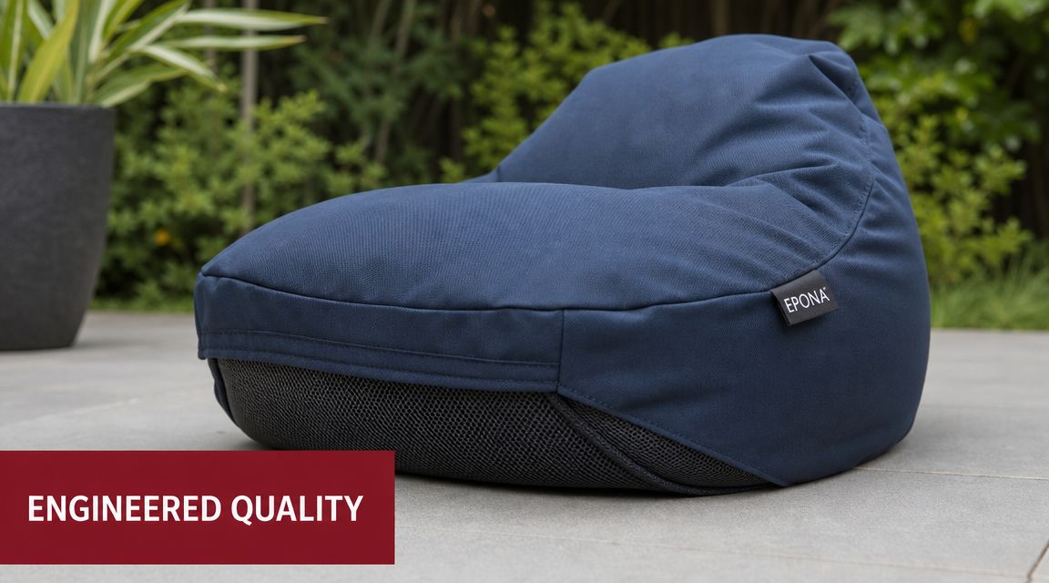A navy blue Epona bean bag chair sits on a grey patio tile outdoors near a plant.