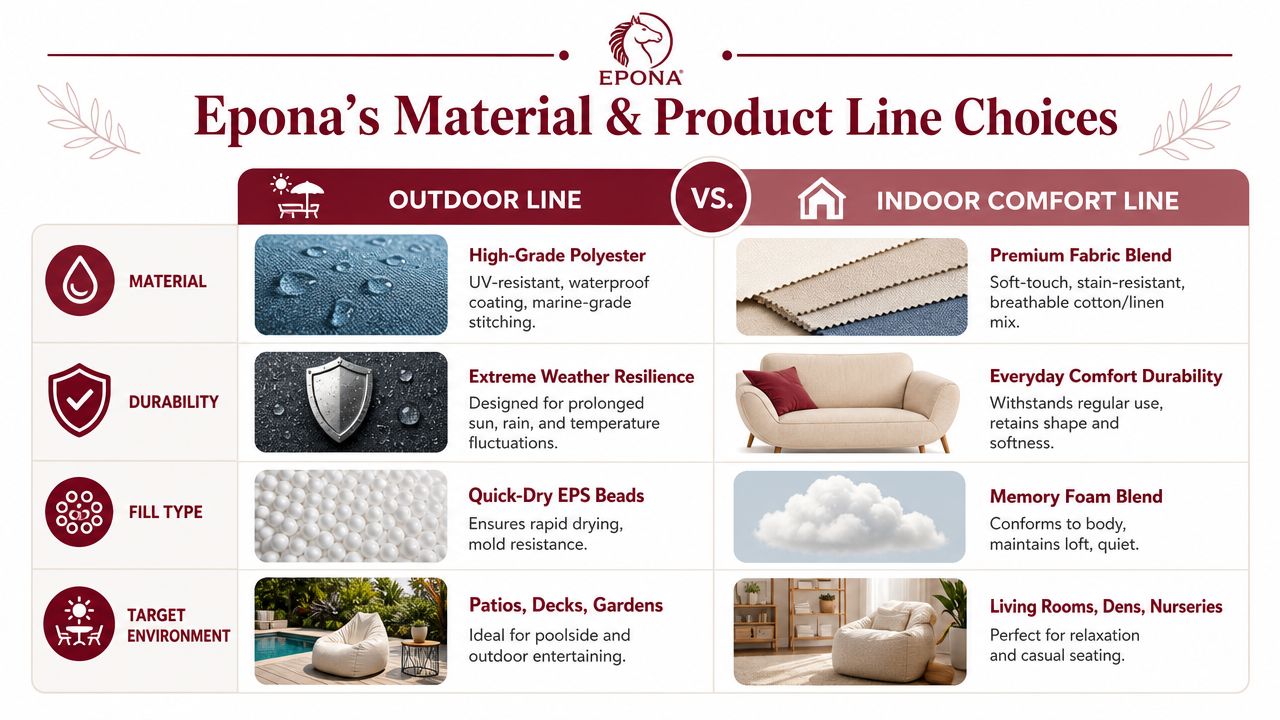 A comparison chart showing Epona brand bean bag features for outdoor versus indoor product lines.