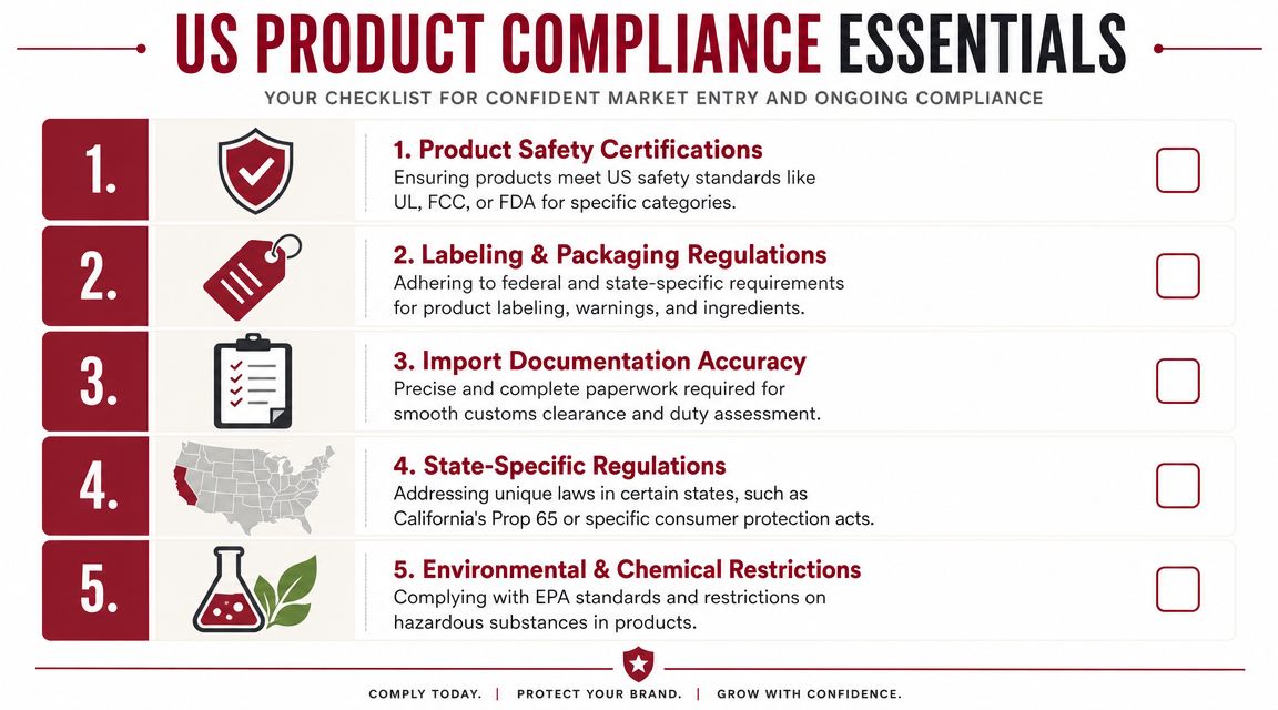 A checklist infographic titled US Product Compliance Essentials featuring five key requirements for selling products in the US.