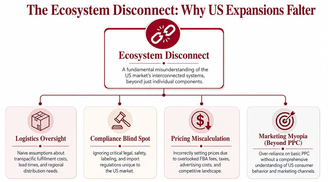 A diagram outlining the four primary reasons why international brand expansions into the US market often fail.