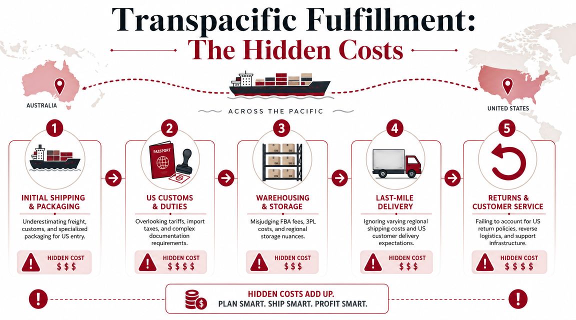 An infographic detailing five hidden costs associated with shipping products from Australia to the United States.