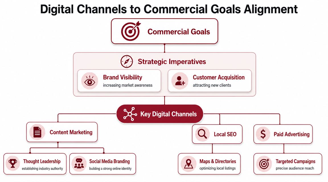 A diagram illustrating the alignment between commercial goals, strategic imperatives, and key digital marketing channels.