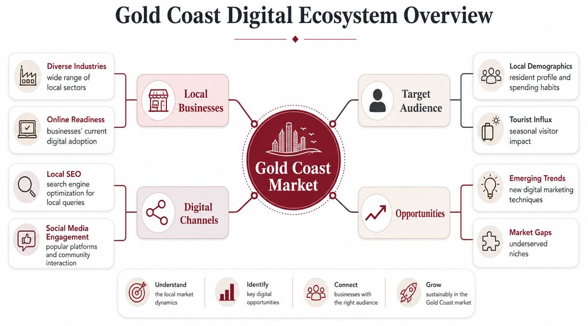 A diagram illustrating the Gold Coast digital ecosystem, covering businesses, digital channels, audience, and market opportunities.
