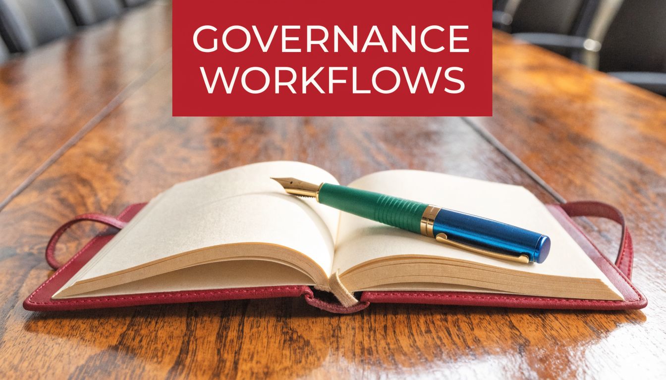 An open notebook with a fountain pen resting on it on a wooden table in a boardroom.