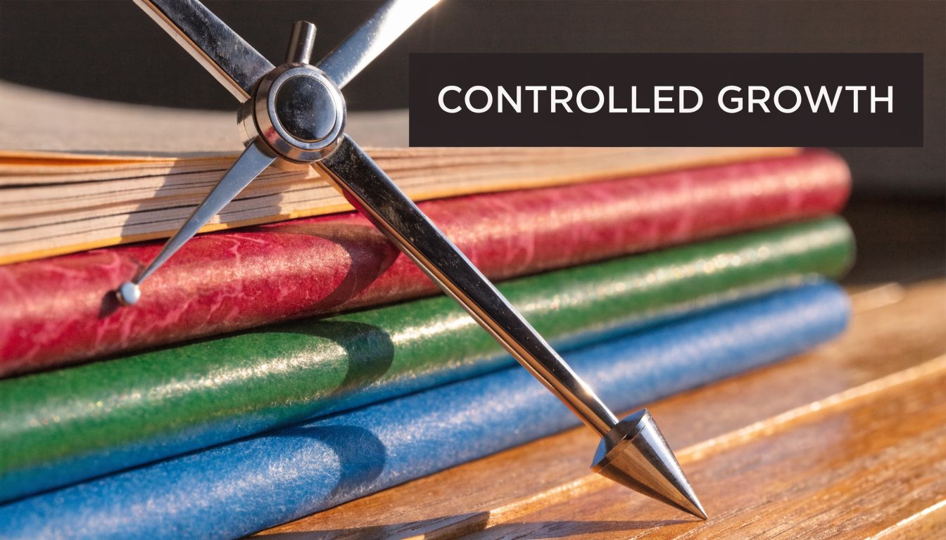 A metallic compass resting on a stack of colorful notebooks, symbolizing organized and intentional business development.